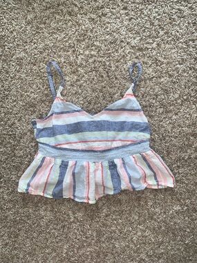 Roxy Women’s Pastel Striped Smocked Babydoll Peplum Cami Cropped Linen Top Small